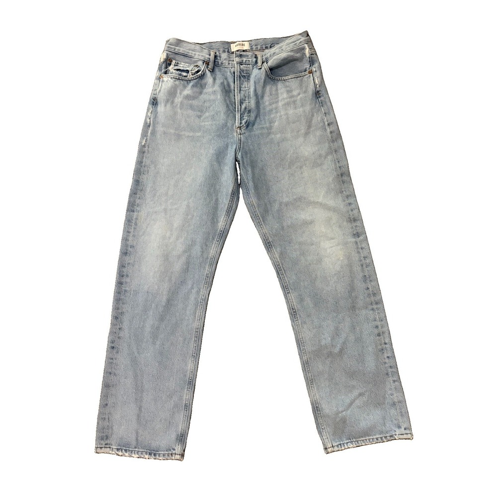 AGOLDE 90’s Mid Rise Loose Fit Jeans 28 Button Fly Light Wash Raw Hem Denim - Picture 2 of 9